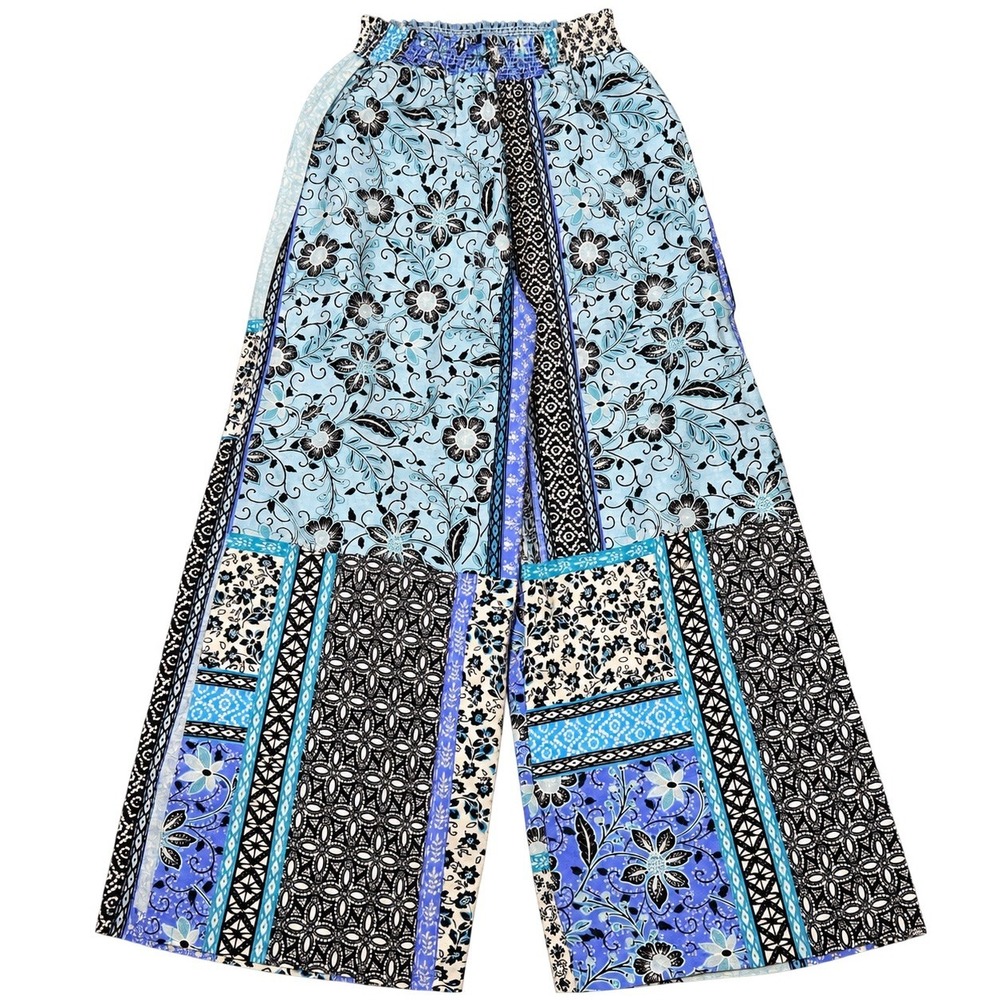 Johnny Was Pants M Blue Floral Patchwork Linen Wide Leg Pull On Boho